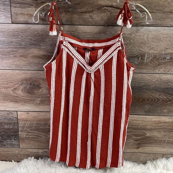 KIABI Ladies Tassel String Strap Tank Cotton Linen Flax Top Shirt Size Medium - Picture 1 of 10